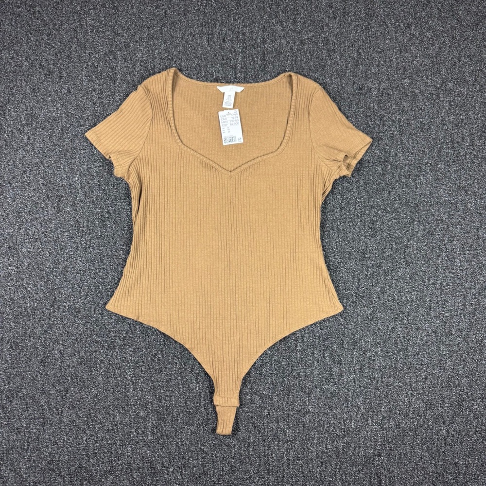 H&M Ribbed V-Neck Short Sleeve Bodysuit Womens XL Tan NEW
